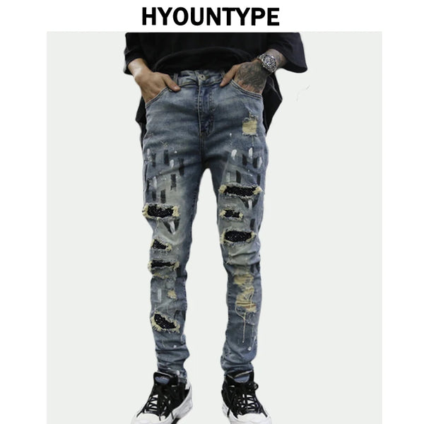 graffiti printed ripped destroied denim jean mens distressed biker jeans with sequins 2018 fashion high street slim pants jogger urban active pants