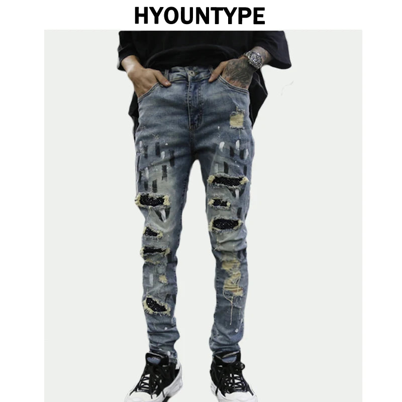 graffiti printed ripped destroied denim jean mens distressed biker jeans with sequins 2018 fashion high street slim pants jogger urban active pants