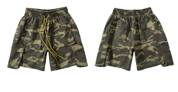 mens camouflage hip hop shorts stitching pockets cargo shorts casual elastic waist drawstring sportswear streetwear short pants unique cargo style 1890
