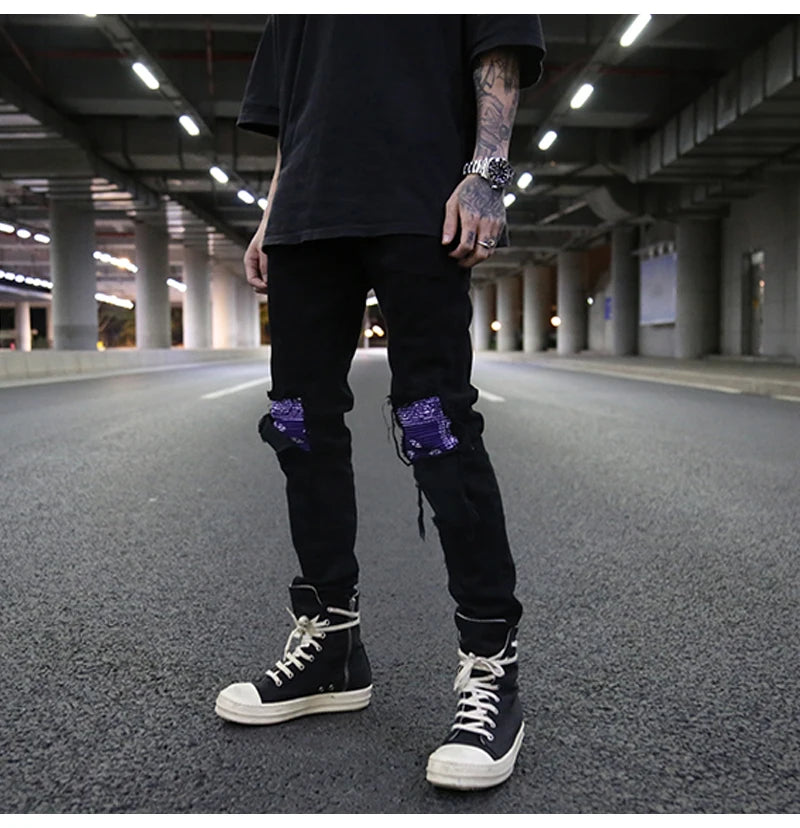 knee patchwork jeans for men hip hop skinny biker taped jean trousers slim fit black denim pants fashion streetwear jogger unique joggers style 956