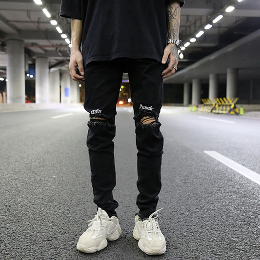 embroidery knee ripped hole jeans for men hip hop skinny biker destroyed taped jeans slim fit black denim pants 2018 new jogger streetwear sweatpants