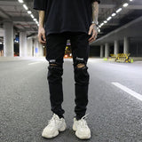 embroidery knee ripped hole jeans for men hip hop skinny biker destroyed taped jeans slim fit black denim pants 2018 new jogger streetwear sweatpants