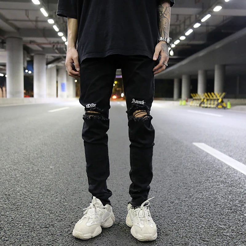 embroidery knee ripped hole jeans for men hip hop skinny biker destroyed taped jeans slim fit black denim pants 2018 new jogger streetwear sweatpants