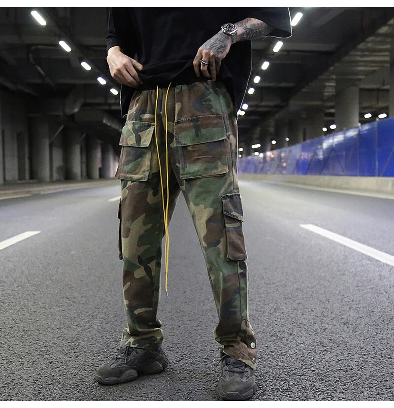 mens camouflage hip hop pants bottom button pockets cargo trousers fashion elastic waist drawstring sportswear streetwear jogger unique joggers style 3432