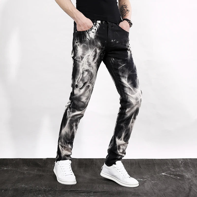 mens fashion wolf printed denim jeans new spring summer slim black painted straight pants cool streetwear male long trousers unique jeans style 456