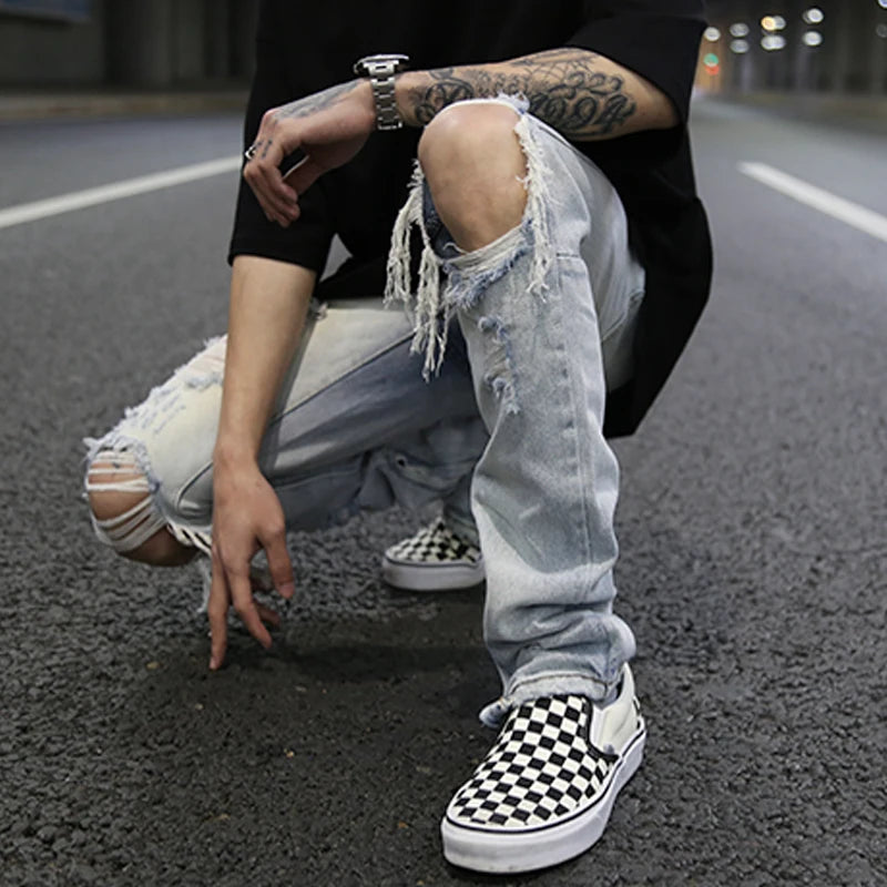 bottom zipper knee holes denim jeans destroyed ripped slim mens biker jeans new men fashion streetwear hip hop pants joggers urban active pants