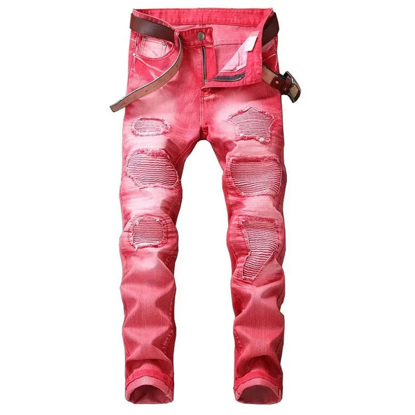 fashion ripped biker jeans denim distressed trousers slim fit zippers hip hop jeans motorcycle pants casual streetwear for men unique jeans style 1910