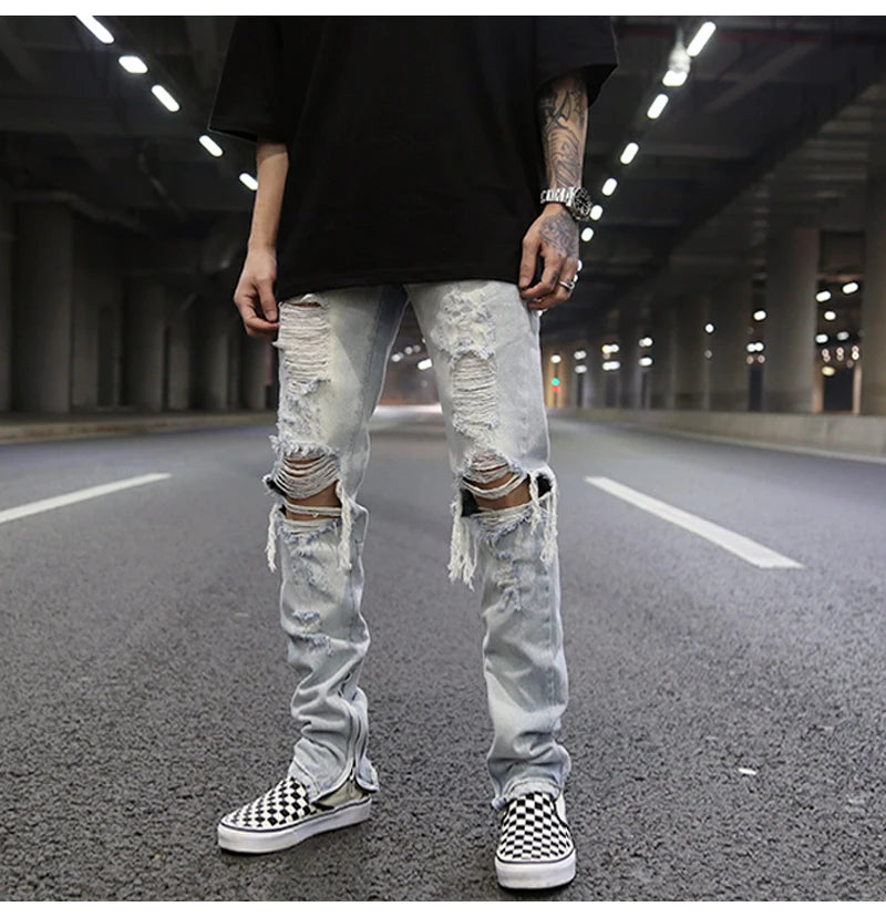 bottom zipper knee holes denim jeans destroyed ripped slim mens biker jeans new men fashion streetwear hip hop pants joggers unique joggers style 3397