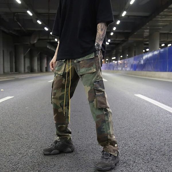 mens camouflage hip hop pants bottom button pockets cargo trousers fashion elastic waist drawstring sportswear streetwear jogger sporty tapered joggers