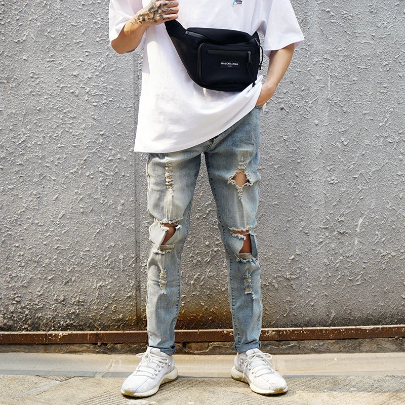 fashion designed slim fit ripped biker jeans hi street mens distressed denim joggers knee holes washed destroyed jeans men pants unique joggers style 1679