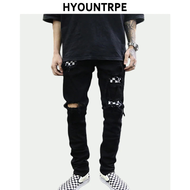 knee hole destroyed jeans patchwork plaid patch ripped slim mens biker jeans fashion streetwear hip hop zipper pants jogger relaxed fit joggers