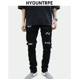 knee hole destroyed jeans patchwork plaid patch ripped slim mens biker jeans fashion streetwear hip hop zipper pants jogger relaxed fit joggers