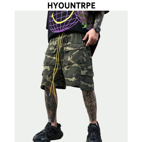 mens camouflage hip hop shorts stitching pockets cargo shorts casual elastic waist drawstring sportswear streetwear short pants military streetwear pants