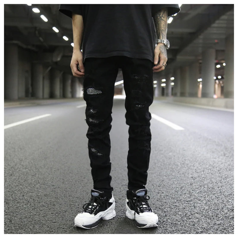 graffiti printed ripped destroied denim jean mens distressed biker jeans with sequins 2018 fashion high street slim pants jogger unique joggers style 3341