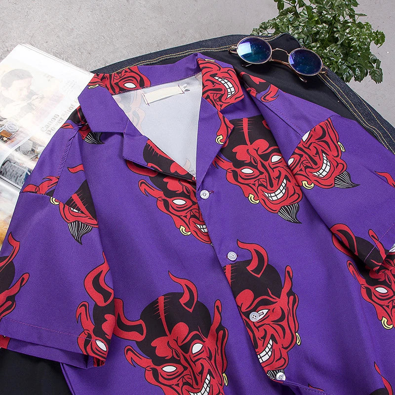 Devil Full Printing Turn-down Collar Casual Shirts High Street Pink /Purple