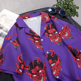 Devil Full Printing Turn-down Collar Casual Shirts Men 2018 Summer High Street Men's Shirts Pink /Purple