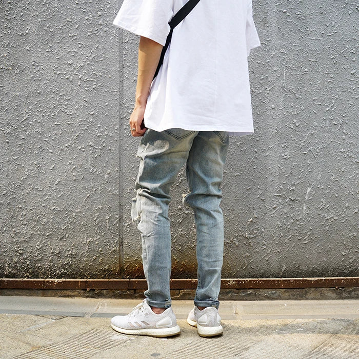 fashion designed slim fit ripped biker jeans hi street mens distressed denim joggers knee holes washed destroyed jeans men pants unique joggers style 1681
