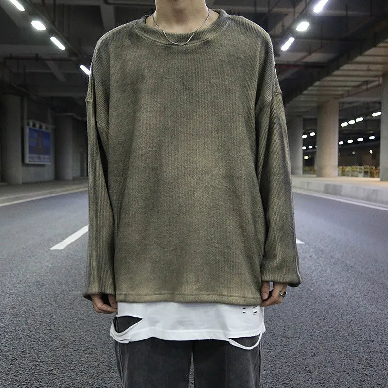 high street vintage wash sweater men loose knitted pullovers long sleeve hip hop oversize sweaters autumn casual jumper knitwear oversized graphic print design, high quality cotton pullover, trendy hip hop style outerwear