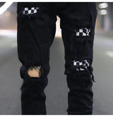 knee hole destroyed jeans patchwork plaid patch ripped slim mens biker jeans fashion streetwear hip hop zipper pants jogger unique joggers style 4241