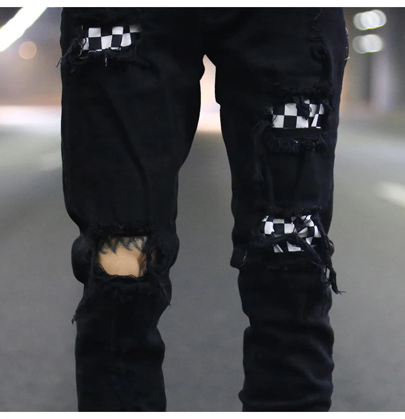 knee hole destroyed jeans patchwork plaid patch ripped slim mens biker jeans fashion streetwear hip hop zipper pants jogger unique joggers style 4241