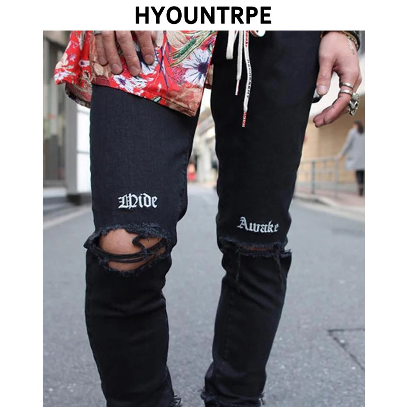 embroidery knee ripped hole jeans for men hip hop skinny biker destroyed taped jeans slim fit black denim pants 2018 new jogger urban active pants