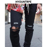 embroidery knee ripped hole jeans for men hip hop skinny biker destroyed taped jeans slim fit black denim pants 2018 new jogger urban active pants