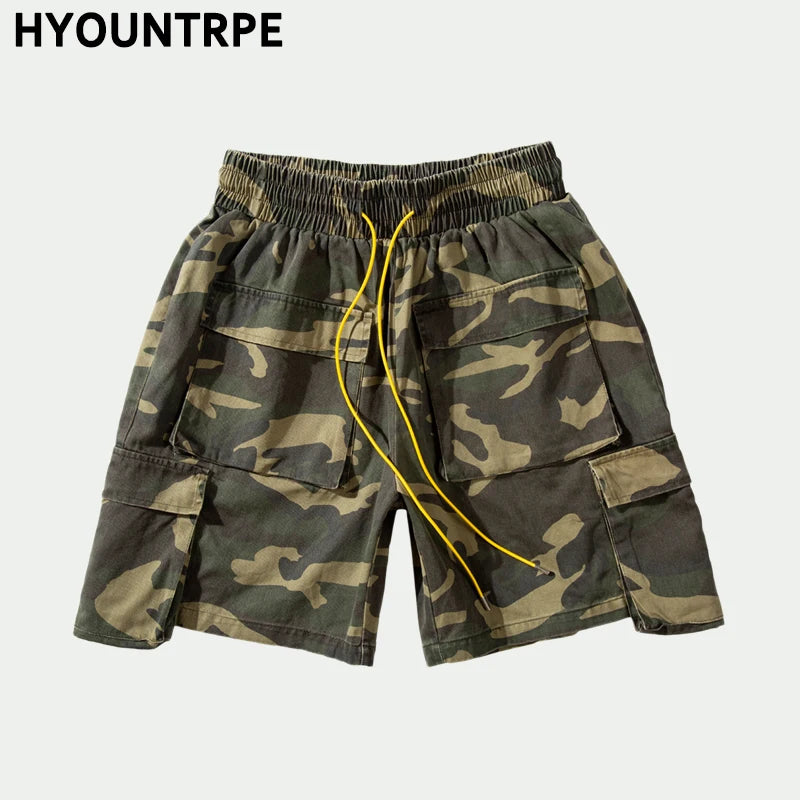 mens camouflage hip hop shorts stitching pockets cargo shorts casual elastic waist drawstring sportswear streetwear short pants unique cargo style 1876