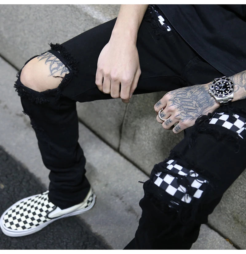 knee hole destroyed jeans patchwork plaid patch ripped slim mens biker jeans fashion streetwear hip hop zipper pants jogger unique joggers style 4240