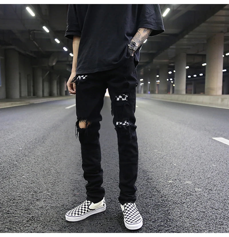 knee hole destroyed jeans patchwork plaid patch ripped slim mens biker jeans fashion streetwear hip hop zipper pants jogger unique joggers style 4237
