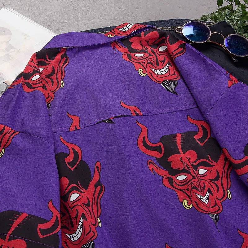 Devil Full Printing Turn-down Collar Casual Shirts High Street Pink /Purple