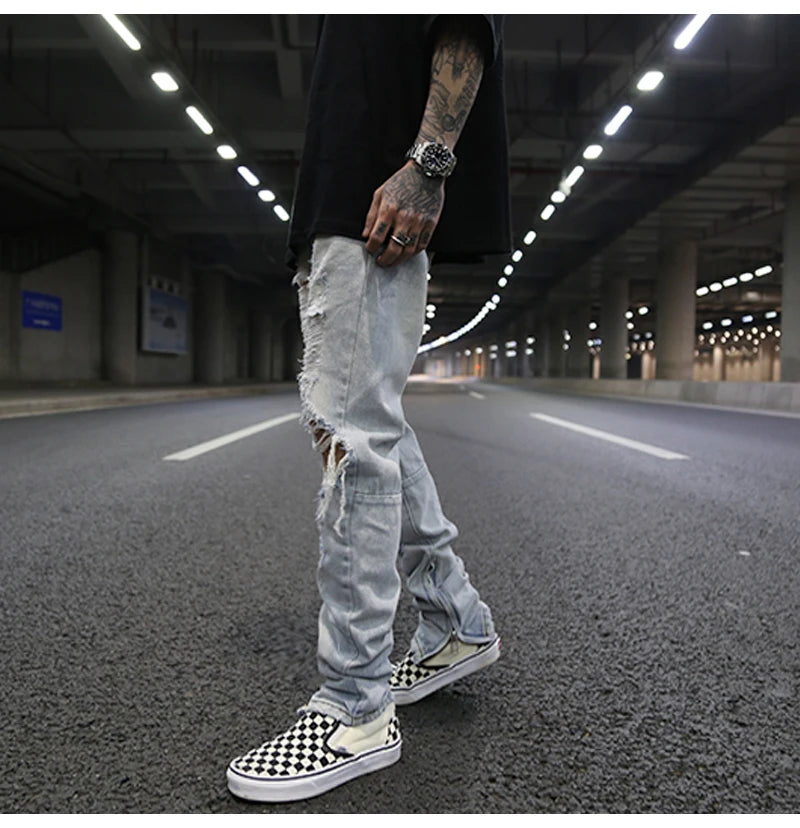 bottom zipper knee holes denim jeans destroyed ripped slim mens biker jeans new men fashion streetwear hip hop pants joggers unique joggers style 3401