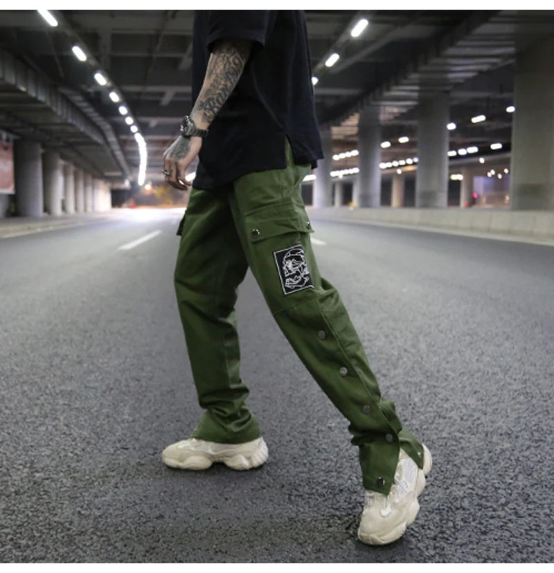 mens casual hip hop joggers side button trouser elastic waist drawstring sweatpants 2019 new cargo pockets streetwear man pants unique joggers style 2432