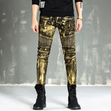 designer metal printed punk style jeans for men motorcycle vintage zipper hip hop coated pants 2018 new streetwear biker pants unique jeans style 2223