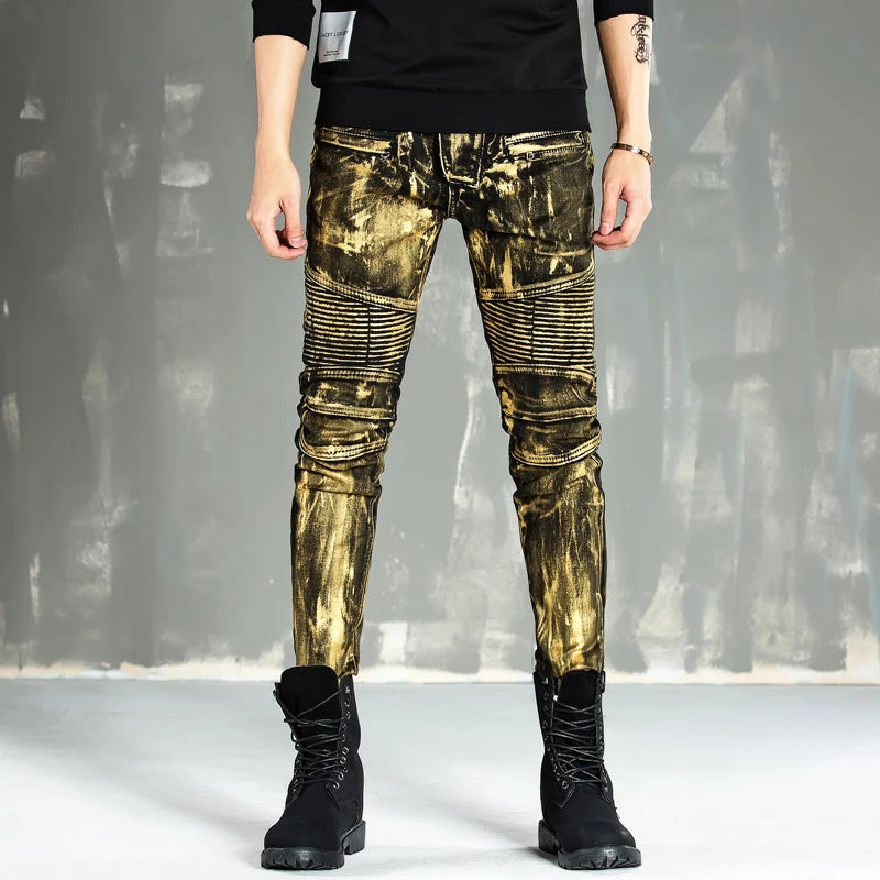 designer metal printed punk style jeans for men motorcycle vintage zipper hip hop coated pants 2018 new streetwear biker pants unique jeans style 2223