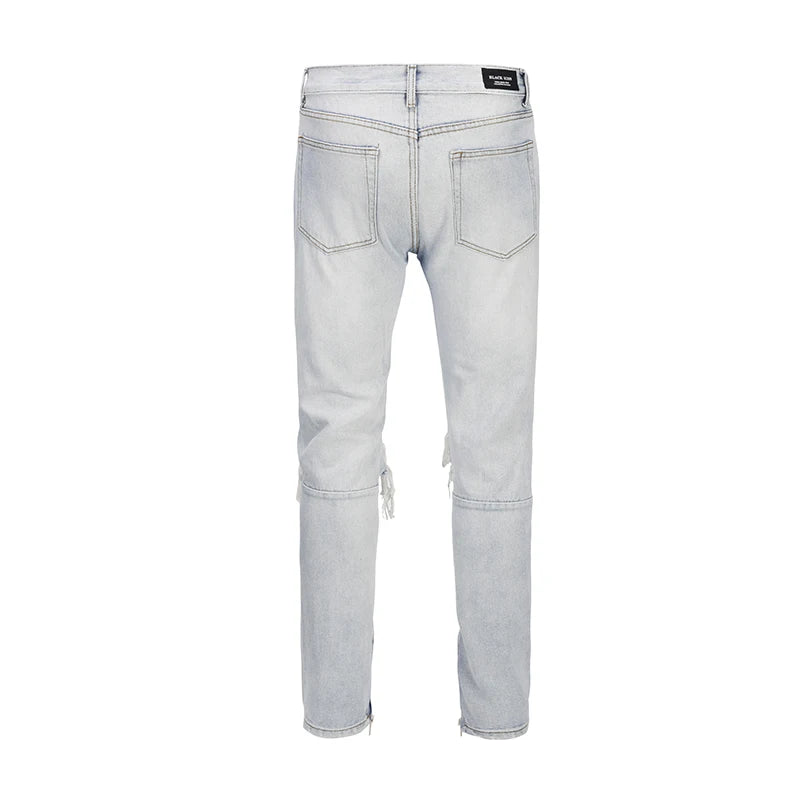bottom zipper knee holes denim jeans destroyed ripped slim mens biker jeans new men fashion streetwear hip hop pants joggers unique joggers style 3407
