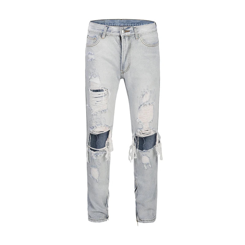 bottom zipper knee holes denim jeans destroyed ripped slim mens biker jeans new men fashion streetwear hip hop pants joggers unique joggers style 3406
