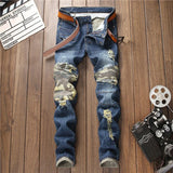 mens knee pleated ripped denim jeans fashion patchwork camouflage retro blue motorcycle trousers hiphop streetwear biker pants denim street jeans
