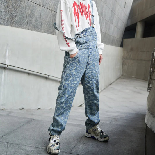 hip hop denim suspender trousers 2019 spring mens new fashion embroidery denim jeans jumpsuit loose straight casual pants unique jeans style 882
