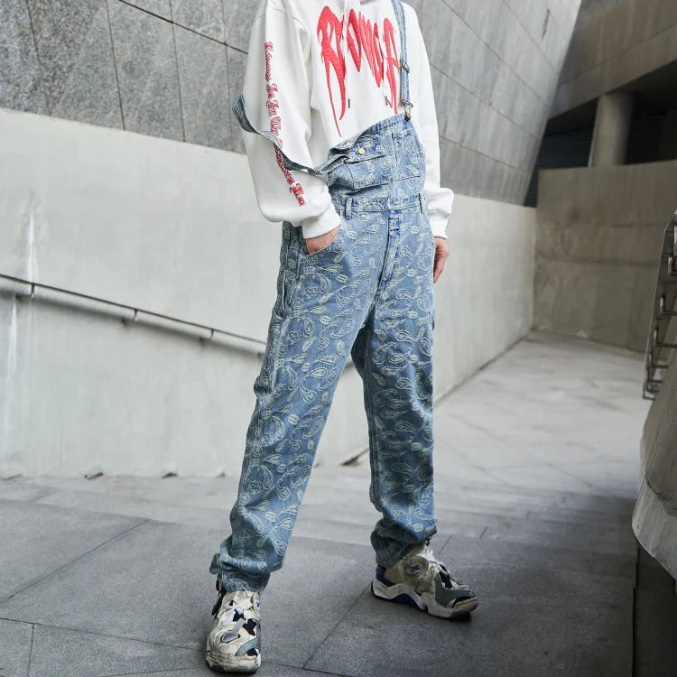 hip hop denim suspender trousers 2019 spring mens new fashion embroidery denim jeans jumpsuit loose straight casual pants unique jeans style 882