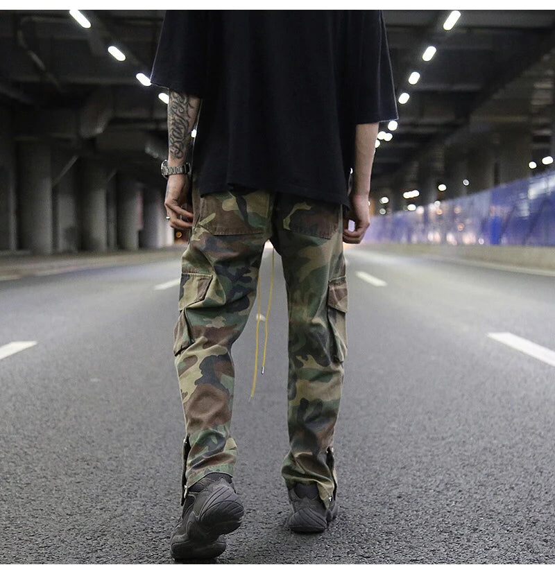 mens camouflage hip hop pants bottom button pockets cargo trousers fashion elastic waist drawstring sportswear streetwear jogger unique joggers style 3438
