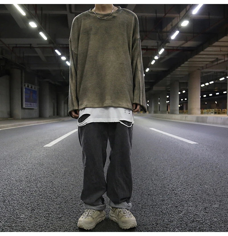 high street vintage wash sweater men loose knitted pullovers long sleeve hip hop oversize sweaters autumn casual jumper knitwear urban wear with bold artwork, aesthetic street look hoodie, Y2K vintage urban hoodie