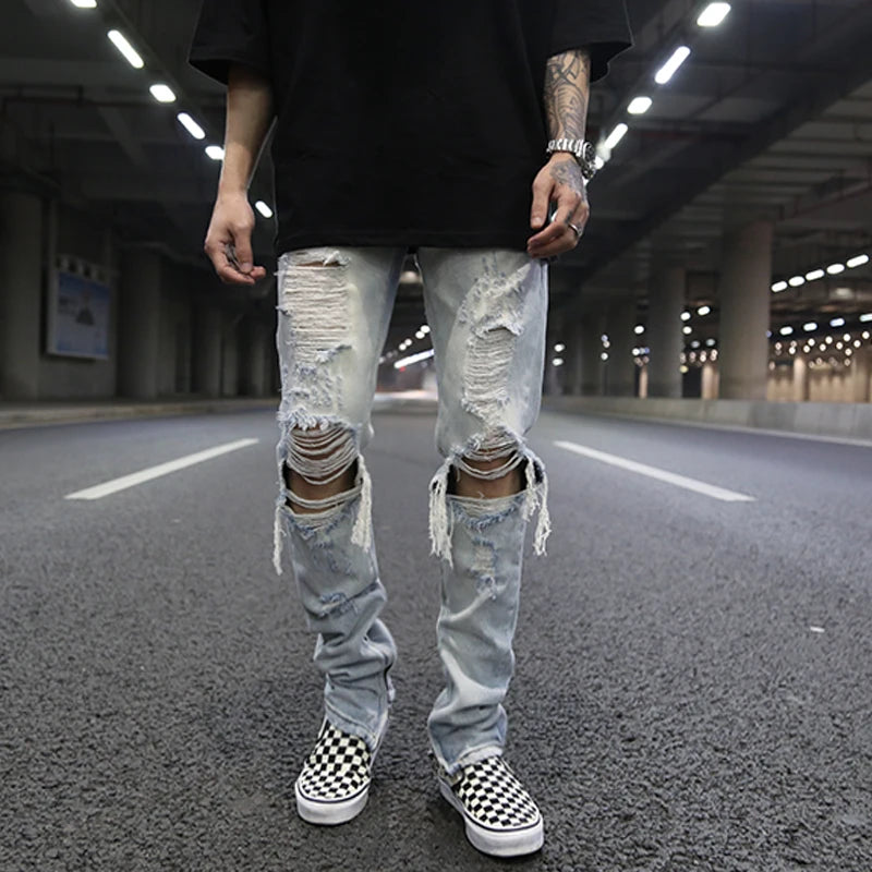 bottom zipper knee holes denim jeans destroyed ripped slim mens biker jeans new men fashion streetwear hip hop pants joggers casual joggers