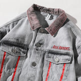 menswear fashion piece featuring hi street men 2018 new autumn winter denim jacket washed patchwork red stripe distressed denim man slim fit streetwear jeans ja design – premium quality jacket for men