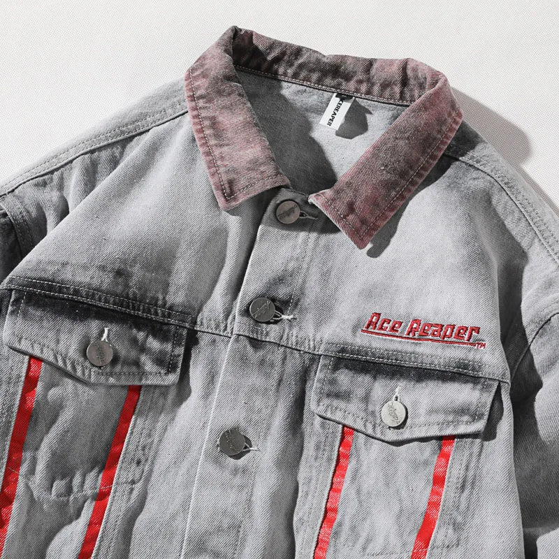 menswear fashion piece featuring hi street men 2018 new autumn winter denim jacket washed patchwork red stripe distressed denim man slim fit streetwear jeans ja design – premium quality jacket for men