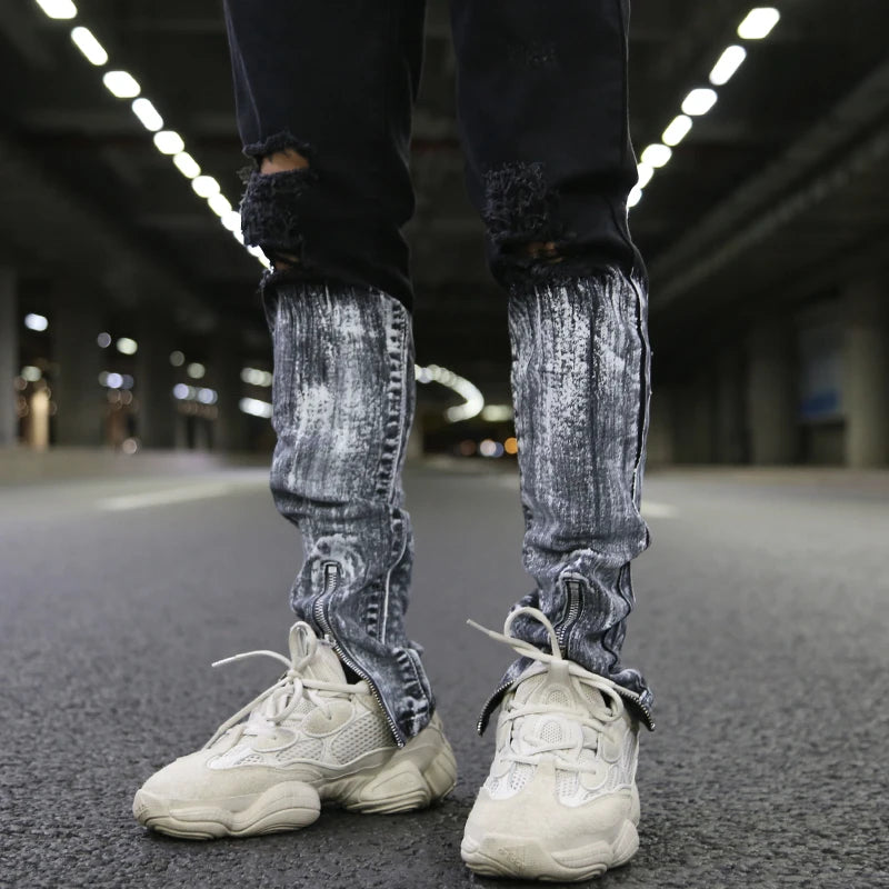 bottom graffiti printed zipper denim jeans mens ripped knee hole biker jean motorcycle slim trousers streetwear hip hop pants vintage washed jeans