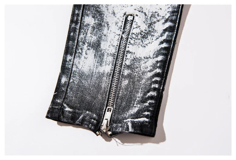 bottom graffiti printed zipper denim jeans mens ripped knee hole biker jean motorcycle slim trousers streetwear hip hop pants unique jeans style 2722