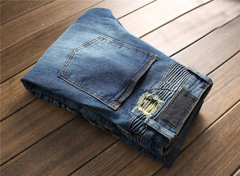 mens knee pleated ripped denim jeans fashion patchwork camouflage retro blue motorcycle trousers hiphop streetwear biker pants unique jeans style 1066