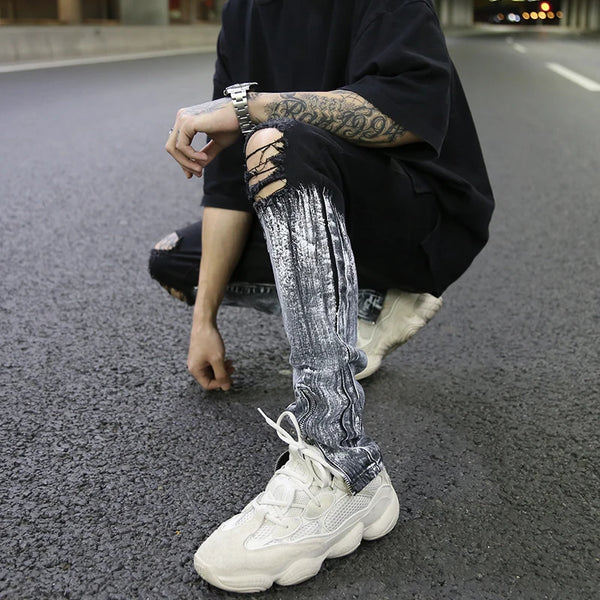 bottom graffiti printed zipper denim jeans mens ripped knee hole biker jean motorcycle slim trousers streetwear hip hop pants ripped baggy denim