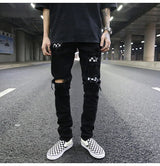 knee hole destroyed jeans patchwork plaid patch ripped slim mens biker jeans fashion streetwear hip hop zipper pants jogger unique joggers style 4235
