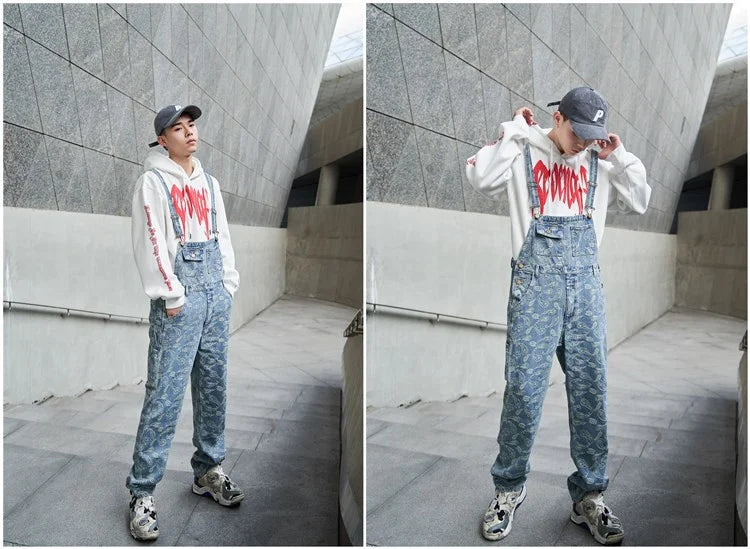 hip hop denim suspender trousers 2019 spring mens new fashion embroidery denim jeans jumpsuit loose straight casual pants unique jeans style 876